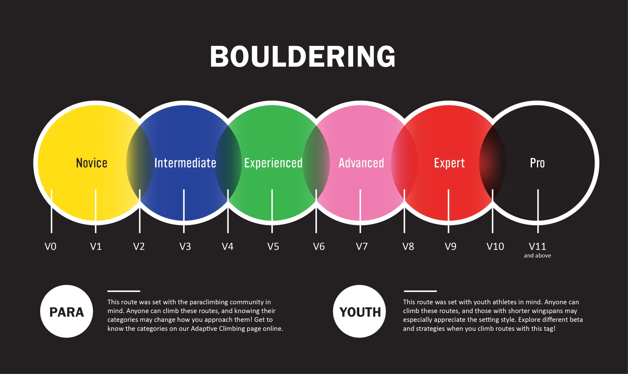 Bouldering grading. Novice (yellow): V0-V2. Intermediate (blue): V2-V4. Experienced (green): V4-V6. Advanced (pink): V6-V8. Expert (red): V8-V10. Pro (black): V11 and above. A PARA tag marks a route set with the paraclimbing community in mind; a YOUTH tag marks a route set with youth athletes in mind. Anyone can climb either.
