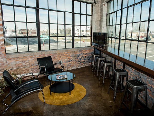 A lounge area at The Front Climbing Club in Ogden, Utah