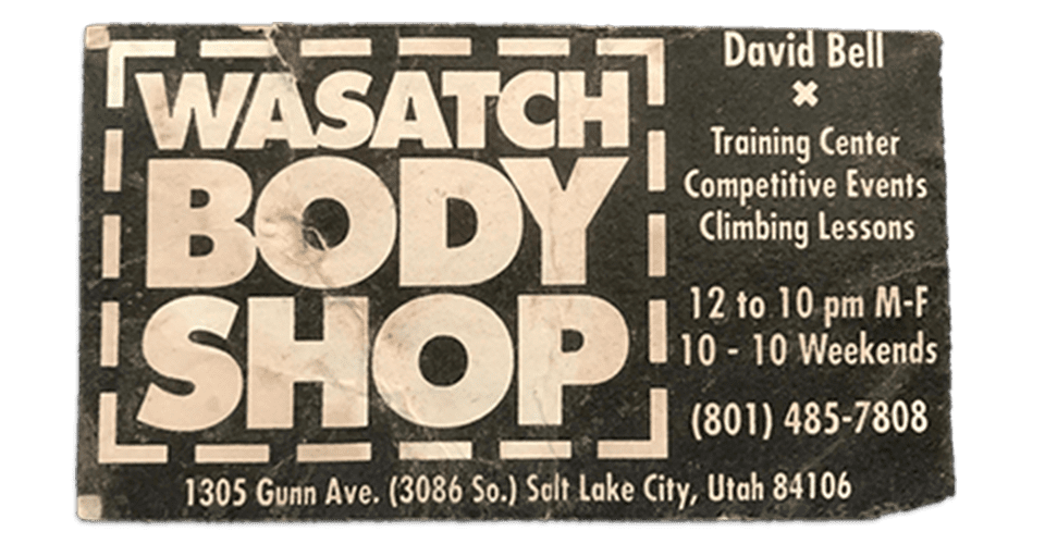 Business card of Salt Lake City's original climbing facility, the Wasatch Body Shop