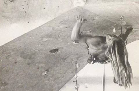 Climber Dave Bell on an overhang in the 1990s